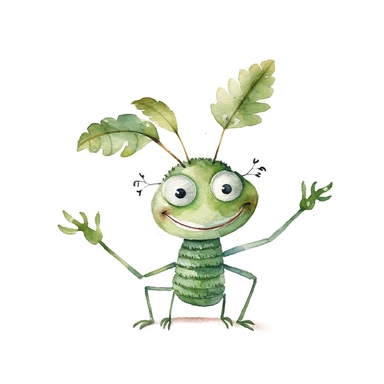 watercolor clipart, kids' simple illustration, very cute smiling Green Bean Stick Insect, intricate detail, white background