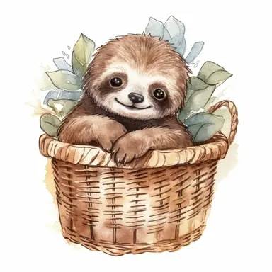 cute baby sloth in a basket, watercolor clipart, full body, transparent background, watercolor and black ink, beautiful colors, beautiful shading, illustration for children's book, margin, no text.