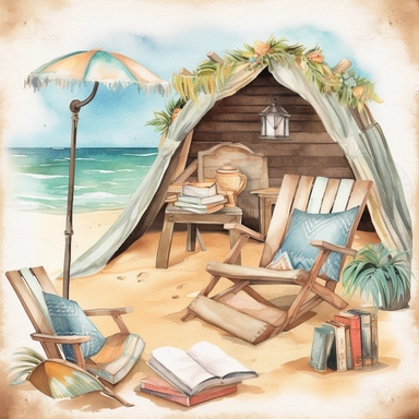 Beach Reading Nook clipart, Coastal Reading Corner, Beach Boho, watercolour style