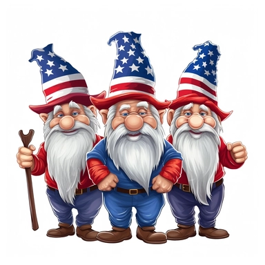 american patriotic flag three gnomes clipart illustration, centred, vibrant colors, red, white and blue, add the flag, on a white background, no watermark, no logo, no writing