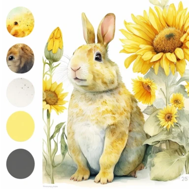 Watercolor sunflower Clipart, happy bunny looking at the camera, sunflower, white background