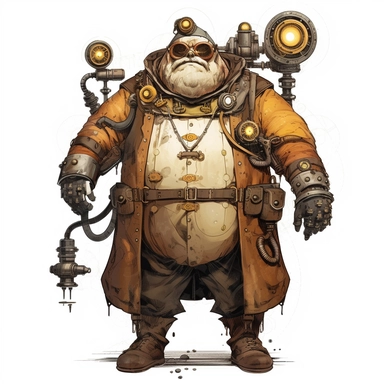 Steampunk fat MAN full body Clipart, on a white background, cyberpunk color