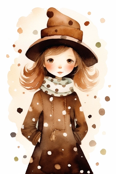 a girl in a hat who's wearing brown, gloves and a scarf, in the style of whimsical watercolors, polka dots, embossed paper, tinkercore, jagged edges, primitive figurines, simple designs, clipart