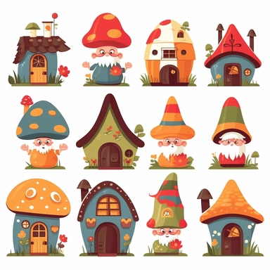 Clipart set of different cartoon gnomes and cartoon little mushroom houses, white background,