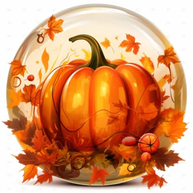 vivacious stined glass pumpkin in a round frame surrounded by fall leaves in rich orange colors, clipart, hd