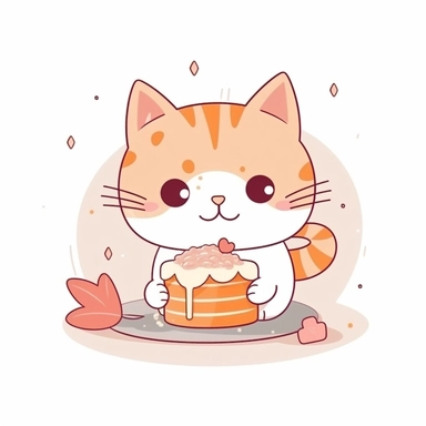 kawaii cute kitten eating a cake minimal cartoon illustration clipart, friendly, simple, on white background