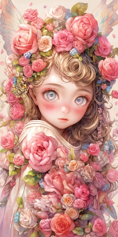 Watercolor beautiful wild roses fantasy forest fairy girl with beautiful face and big eyes with flowers, with angel wing, chibi kawaii animated style, vivid vibrant colors, intricate detail, hyper detailed, hyper quality, 32K, unreal engine, isolated on white background, kawaii, clipart