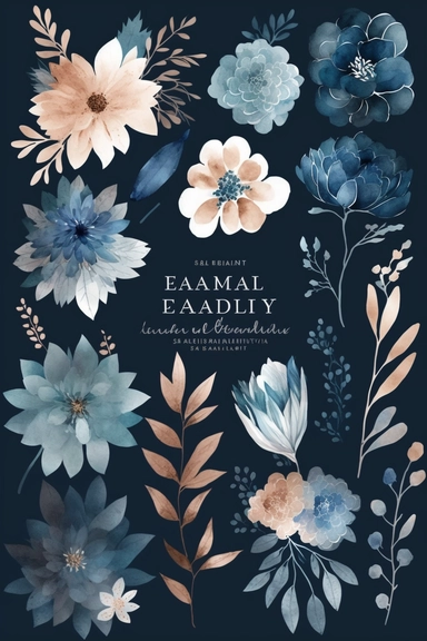 watercolor pastel flowers 2d clipart, floral clipart watercolor illustration, on white background, high res, in dark blue, cobalt blue and duck egg colors with dusty pale terracota color accents,