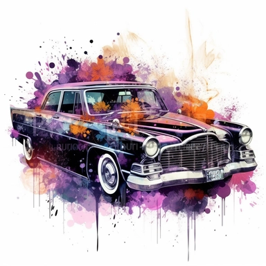 A stunning old retro car takes center stage in a Tron-inspired landscape, Limousine retro car, clipart, floral, watercolor splash, lavender. The classic car boasts futuristic modifications, including neon accents and sleek digital paneling, merging the elegant lines of the vintage vehicle with the high-tech aesthetics of the Tron universe, white background, splash