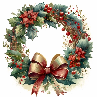 tradional christmas door wreath, red bow, watercolor, clipart
