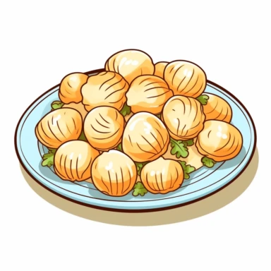a dish of Garlic Buttered Scallops on a big white round plate, cartoon clipart, vector, pastel color, white background cartoon doodle line, thick outline, low detail, cute
