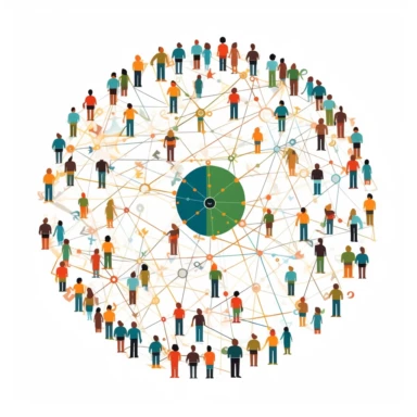 Picture a very simple graphic featuring clipart images of students holding hands in a circle. The students are diverse, representing various backgrounds and cultures. The circle they form symbolizes the connectivity of blockchain, each student representing a node in the network. The style is clean and minimalistic, perfect for an educational poster or digital content. The shot is taken with a Canon EOS 5D Mark IV DSLR camera, EF 50mm f/1.8 STM lens, Resolution 30.4 megapixels, ISO sensitivity: 3
