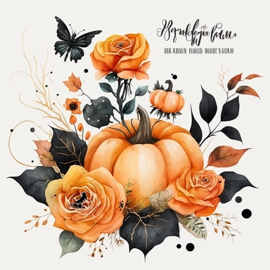 watercolor orange and black roses bouquet clipart, halloween themed, spider and pumpkins, white background