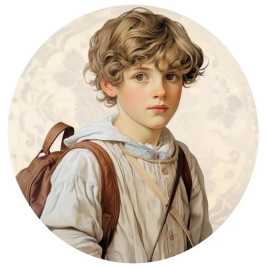very beautiful boy with schoolbag, vintage, white background, round clipart with pastel color, detailed and lovely Renaissance painting