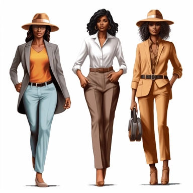 African american women wearing different color suits and fedora hat Boss lady clipart modern fashion style anatomically correct realistic isolated white background