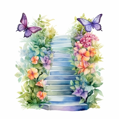A photorealistic watercolor clipart illustration of a high-definition of the stairs of heaven, adorned with ultra-realistic flowers, greenery, and butterflies, isolated on a white background, in the style of ultra-detailed watercolor clipart illustrations, hyperrealistic watercolor clipart illustrations, UHD watercolor clipart illustrations, religious watercolor clipart illustrations, intricately detailed watercolor clipart illustrations, flawless watercolor clipart illustrations, beautiful wate