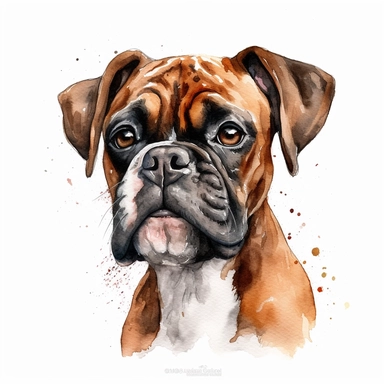 cute Mahogany Boxer dog portrait, full face, centered shot, side shot, dynamically posed, in action, playful mood, happy mood, playing mood, cute face, adorable smile, childlike eyes, clean watercolor illustration, white background, nursery baby imagery, painting, detailed, 8k, PNG, clipart,