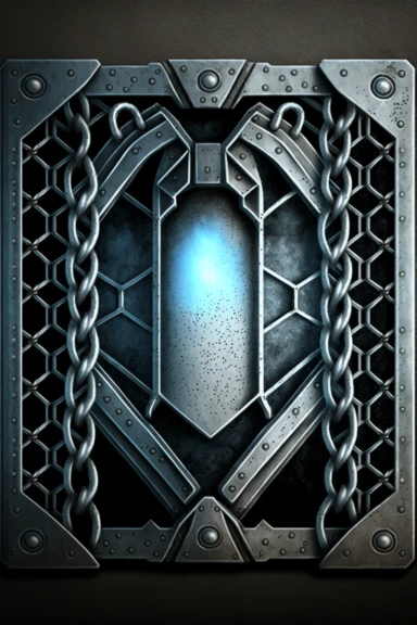 grungy metallic Flat coloured card design of a symmetric thick silver chain link icon cardback , cartoony clipart card design, Logo, glowing Gundam visor magic spell icon, little-flat Graphic Design , grey metal grid background