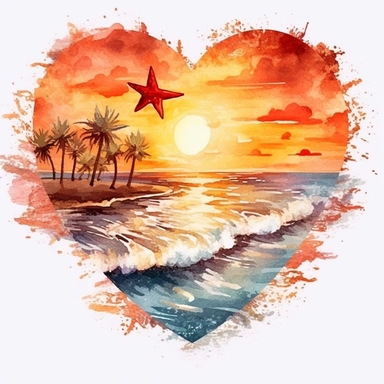 Retro Heart Beach Sunset Watercolor Clipart, Watercolor Beach Sunset in a Heart Shape Clipart, Beach Clipart, sand, starfish, Watercolor Clipart, highly detailed, plain white background 8k