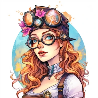 A nerd girl with glasses in sweet steampunk style, water color style, pinks, oranges, blues, teal, and liquid gold, watercolor illustrations, white background, transparent background, clean and elegant, sinister beauty, very detailed, victorian-inspired illustrations, watercolor illustration clipart, watercolor clipart, serge Marshhennikov, victor nizovtsev, i can't believe how beautiful this is