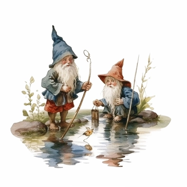 Two garden gnome kids fishing at a pond, fishing line in the water, basket with fish, white background, style of Pierre-Joseph Redoute, as clipart, single design, sharp lines, dreamy