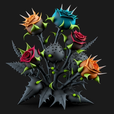 a very thorny dozen roses clipart in slyle of cute goth clay cartoon, sharp 3d art illustration, warm multicolor, simple, black background, 8k