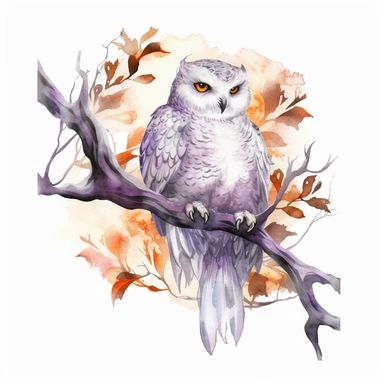 hand drawn spooky branch with cobwebs and leaves, snowy owl with glowing eyes perched on the branch,Halloween, purple and orange shades,fantasy, glamorous, , clipart style, detailed and realistic, watercolor, white background with margins