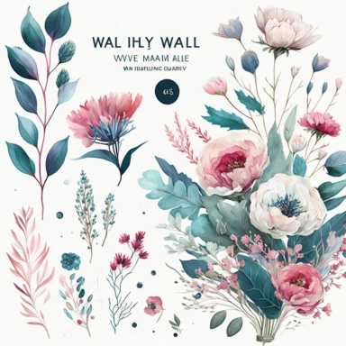 Wild Floral wedding Clipart, Watercolor, bouquet, pink flowers, white flowers, blue flowers, white background, no caption, leave blank space to write something, write MAY