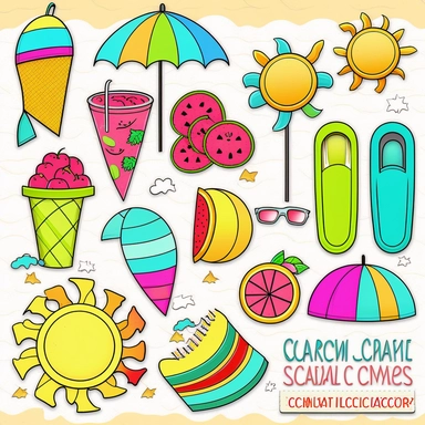Please create a series of color-pencil clipart illustrations featuring different items related to summer. Each illustration should be drawn in a playful and cheerful style that captures the vibrancy and warmth of the season. Items to include can be beach balls, watermelons, sun hats, flip-flops, and ice cream cones. Please use a colorful and coherent color palette that is bright and evokes the feeling of warmth and sunshine. Colors that are associated with summer, such as yellows, oranges, pinks