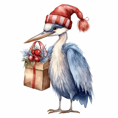 Watercolor, cute Christmas blue heron, with a red hat, coat and sack of gifts, PNG, winter, nursery, cartoon, highly detailed, watercolor, very high details, white background, clipart style