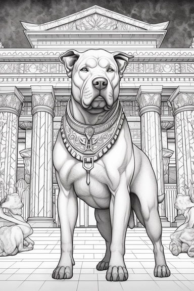 a realistic coloring book style hyper detailed image of a vicious muscular vibrant pit bull with clipped pointy ears, standing guard confident in front of an egyptian pryamid entrance, a low rider, a beautiful african queen, and a muscular mexican hip hop man, realistic coloring book page