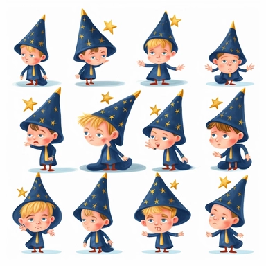 Gary the little wizard, a little wizard character, multiple cute poses and cute expressions, children's book illustration style clipart, simple, cute, full colour, royal blue pointy wizard hat, royal blue robe with yellow star patterns, black shoes, royal blue clothes, blonde unkempt hair, flat colour,