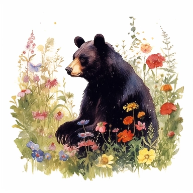 a black bear surrounded by flowers, 1970s children's book illustration, clipart, white background