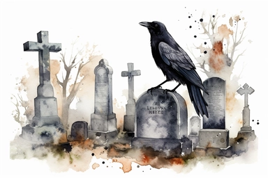 Sinister Victorian watercolor of raven in graveyard with tombstones, clipart, spaced out, white background, hd,