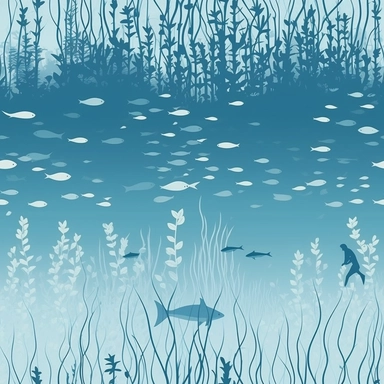 A charming minimalistic pattern for a children's t-shirt design, portraying an underwater scene filled with serene beauty. Graceful fishes of various sizes swim amidst delicate aquatic plants, while a diver explores the tranquil depths. The design features a predominantly light blue background, creating a sense of calm and tranquility. Rendered in a clean and simple clipart style, with minimal lines and subtle colors, this t-shirt design captures the essence of the underwater world in a minimali