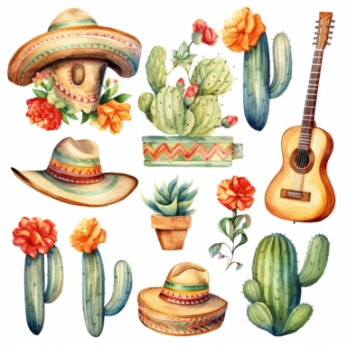 Watercolor cinco de mayo elements , illustrations clipart set, simple, soft colors, cartoon elements, different variants, mexican hat, sugar skulls, rose, little boy, separate elements with a margin