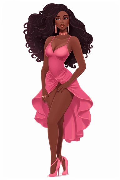 Cartoon Black Skin African American Clipart Plus size Beautiful Rich Woman Wearing mini pink dress wearing gold jewelry having beautiful face long eyelashes and beautiful lips beautiful long hair confident confident wearing high heels no text