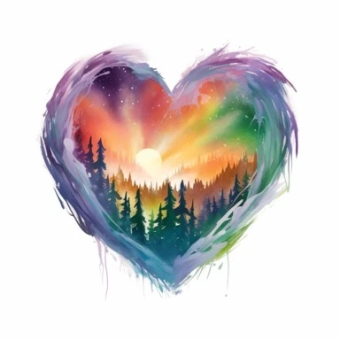 painting of a heart with the northern lights inside of it, in the style of enchanting realms, nature-inspired installations, bloomcore, mesmerizing colorscapes, skillful, fluid and organic, clipart, blank white background