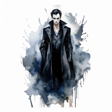 watercolor, mystic, gothic, dark guy dracula with fangs, very detailed, clipart, white background, black, full body