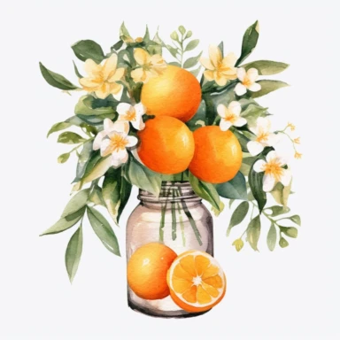 Create a watercolor oranges clipart with glass nd bouquets