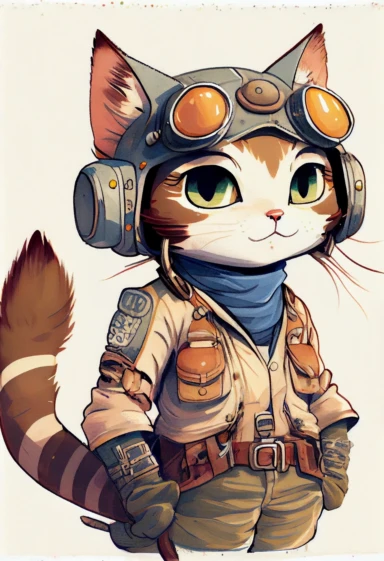 children's book illustration of a cute cat wearing pilot jacket, cute kawaii, Hosoda Mamoru anime, by Brian kesinger, style stunning 60mm photo, smooth watercolor details, in the style of Pixar, superb color, outline, nursery art, popular on pinterest, clipart, trending on artstation, minimalist, flat design, white solid background, insane deails, intricate details