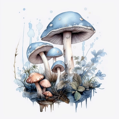 mushroom motif , Magic Mushrooms, Watercolour Mystical Mushrooms Clipart, lacey, framed with sky, fantasy branch and twig frame, pastel blue, woods framing, under the sky dome, Fantasy, watercolor illustration, aquarellist, white background, clipart