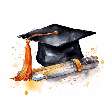 a graduation diploma, clipart ,watercolor, black and orange tones, digital art techniques, glistening, screen printing, visual harmony, fantasy elements, white background