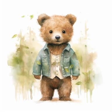 little baby, brown bear,neutral nursery art,cute bear, Baby attire,intricate,disney, baby light green,baby light blue, baby light ocher,hairy, cotton, beautiful trees,enchanted Forest,realism, watercolor painting, enchanted Forest, solid background, white background, vintage outfit, oil painting, photobashing, tattoo design,clipart--v 5.1