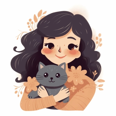 illustration of an adorable woman with dark wavy hair hairbangs parted sideways, holding and hugging a fluffy adorable darkish gray persian cat, smiling clipart pack, cheerful expression, isolated on a white background, character studies, delicate paper petals depictions, cottagecore, warmcore, nul group, warm color palette, folkloric portraits, animated gifs