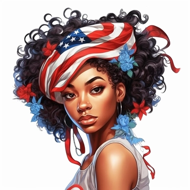 Cute Beautiful black teen girl face Veteran 4th of July Sublimation Clipart,Cartoon,hyper realistic, intricate detail, illustration style,high solution,on the white background