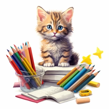 Isometric illumination of ultra realistic cute kitten in vibrant colors sitting in classroom, spaced out, sublimation clipart, watercolors and pencil style, isolated on white, ultra - detailed, high quality, ghibli style, award winning, soft realism, chiaroscuro, firecore, massurrealism, cute cartoonish designs, iconic, white background( relaxed, stealth)