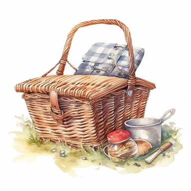 Cute cartoon picnic basket, watercolor, clipart, hyper detail, isolated white background, art by Marjolein Bastin and Thomas Kinkade