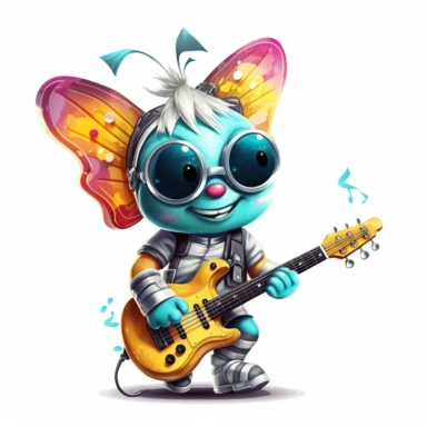 cute Butterfly character wearing rock music clothes and music element with happy face,front facing on isolated background,with happy face and expression,Animal Sublimation Clipart,no splash watercolor,white background, ultra detailed clipart, cut out image, colorful watercolor realistic, cartoon style, ultra HD, sharp and clean art