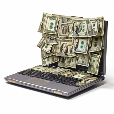 a clip art graphic of a laptop made of money, corporate, clean, 300 ppi